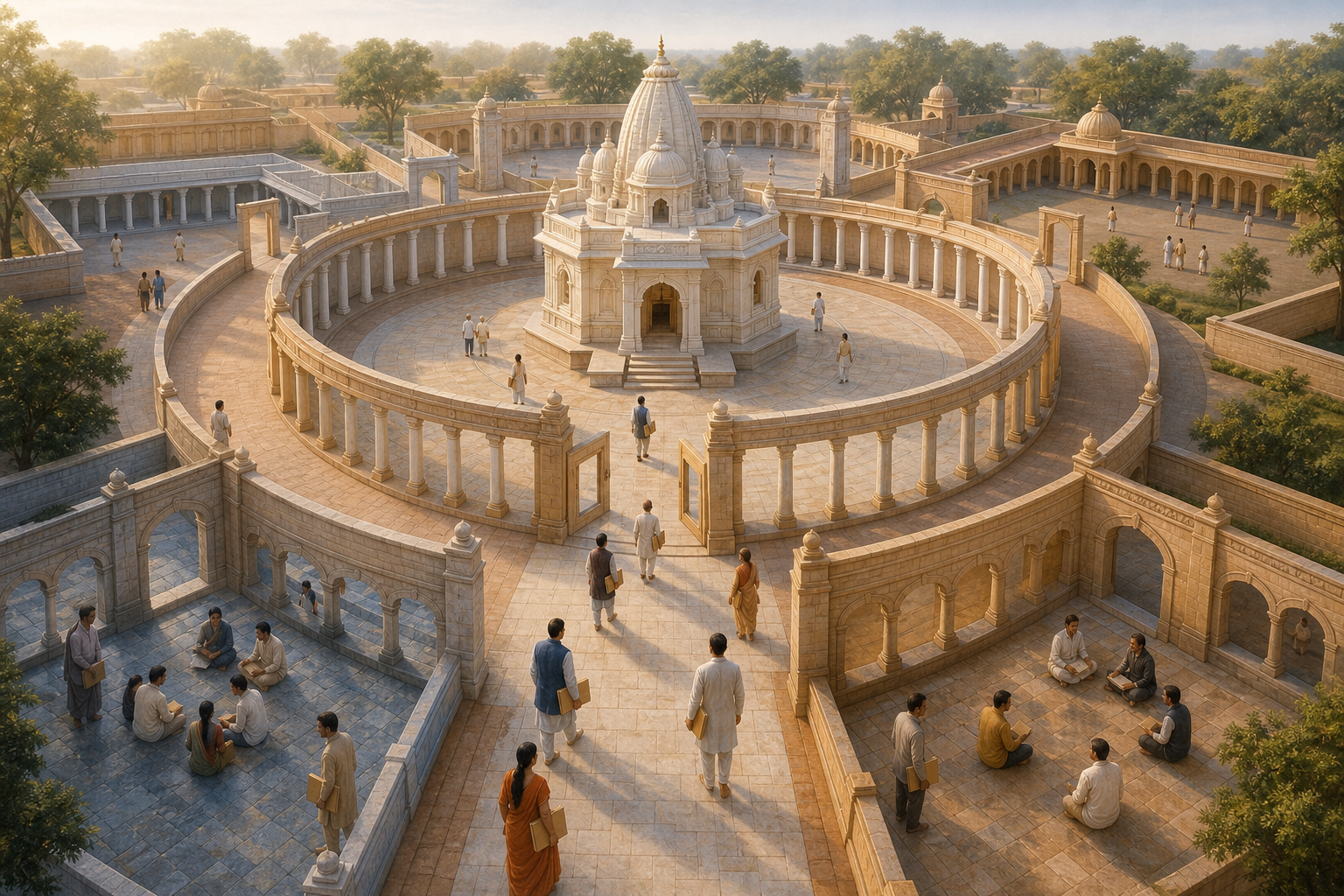 A central shrine, regional courtyards and local gathering spaces are connected by open gateways and separated by clear architectural boundaries.