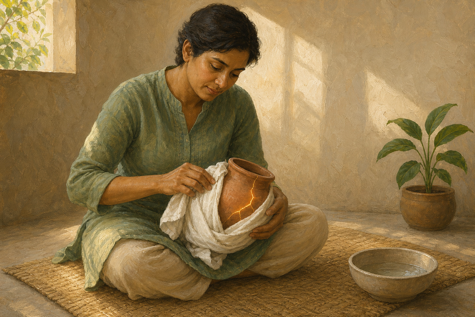A seated person gently wraps a cracked clay vessel in cloth in a softly lit room with a bowl of water and a green plant nearby.