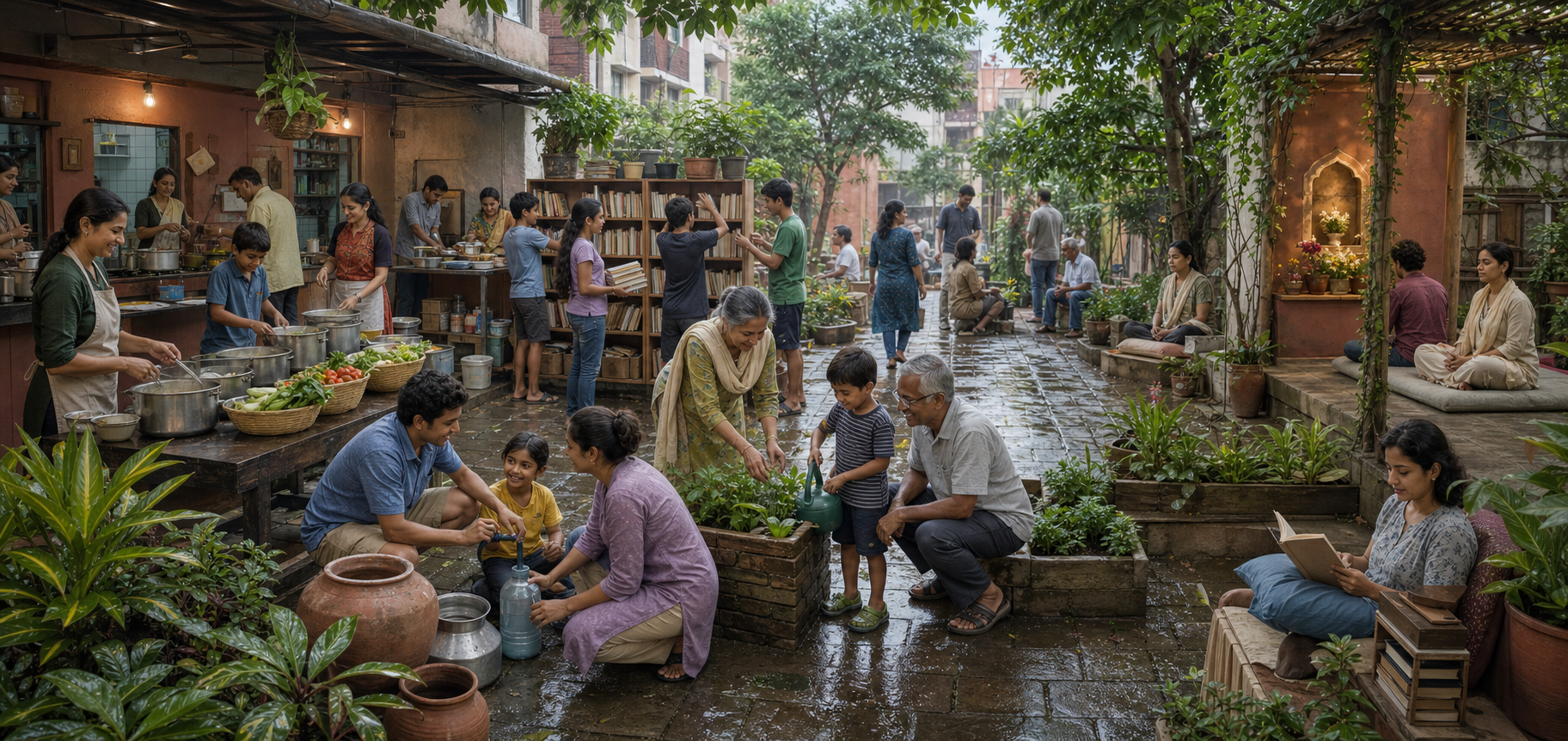 Neighbors cook, organize donated books, garden, and collect water around a courtyard with separate optional spaces for meditation and devotion.
