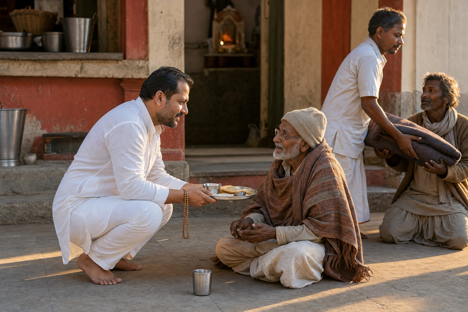 A devotee serves a simple meal and water to an elderly visitor outside a temple kitchen while another person receives a folded blanket.