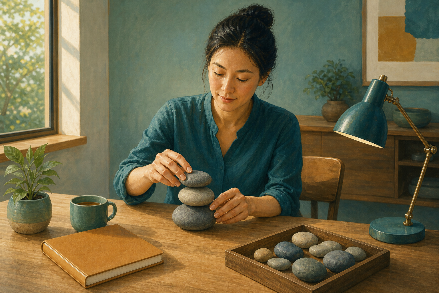 A person stacks three smooth stones at a worktable while additional stones remain in a tray beside a closed notebook and cup of tea.