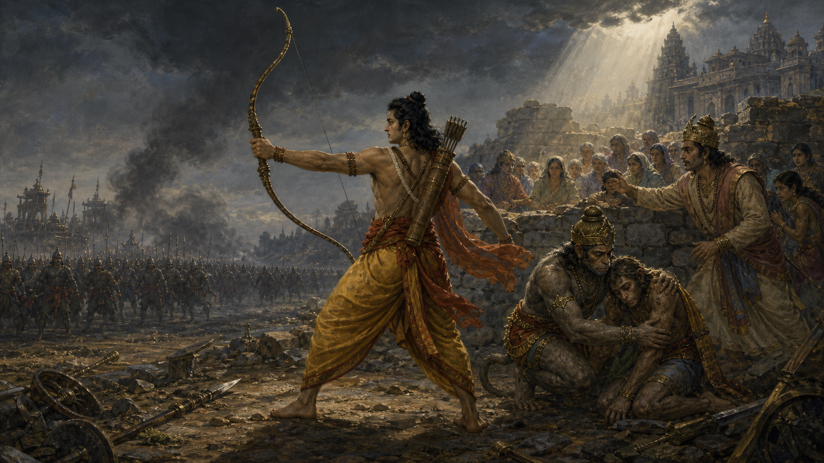 Rama holds his bow defensively between an approaching force and a sheltered group while Hanuman aids an injured ally and Vibhishana guides civilians to safety.