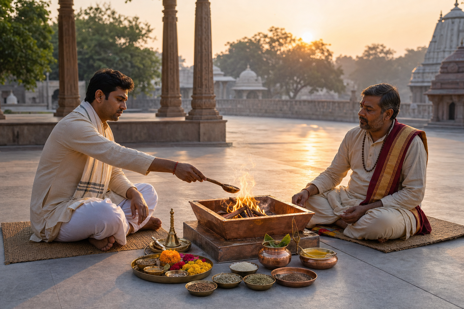 An adult practitioner and a priest sit beside a small Havan Kund and make an offering into the sacred fire at dawn.
