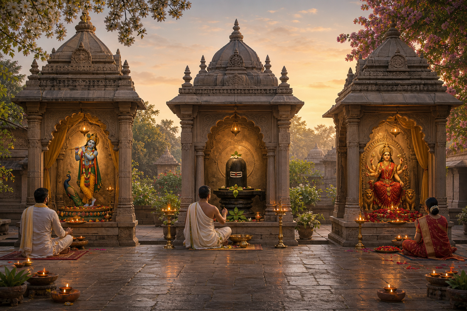 Worshippers pray before separate Krishna, Shiva, and Devi shrine alcoves arranged around one sunlit temple courtyard.