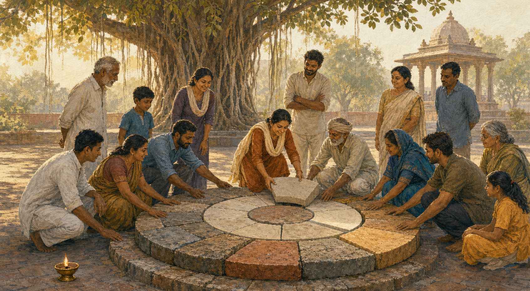 Indian adults of different ages work together to complete a circular stone platform beneath a banyan tree in a courtyard, with a brass lamp and temple pavilion nearby.