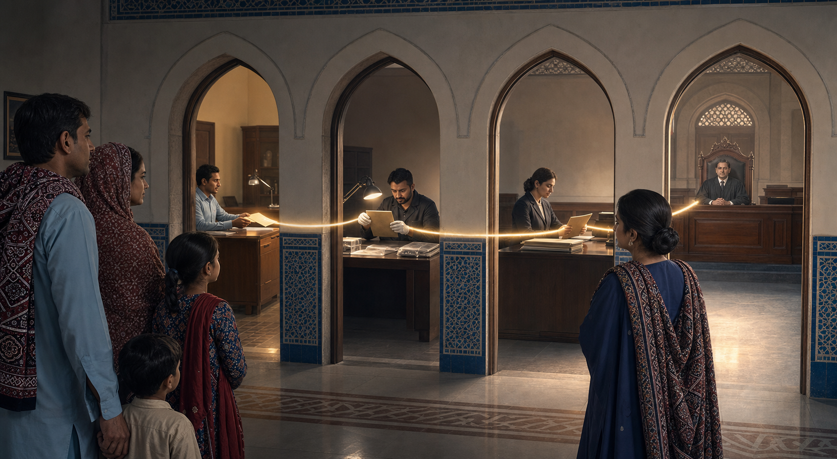 A complaint passes through connected rooms containing a police officer, investigator, prosecutor, and judge as a family and advocate observe.