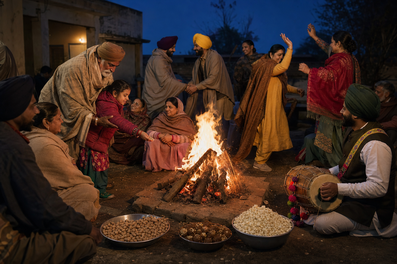 A multigenerational Punjabi family offers sesame seeds and popcorn at a Lohri bonfire while relatives gather with a dhol in a winter courtyard.