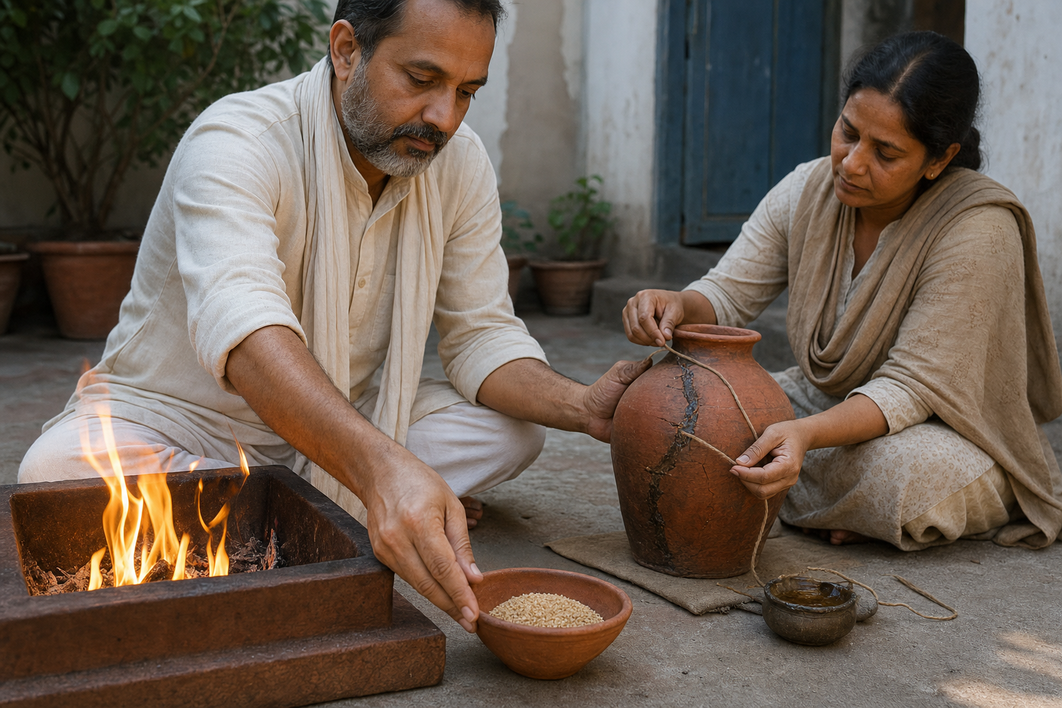 A ritual offering burns in the foreground while two people repair a cracked clay water vessel in the background.