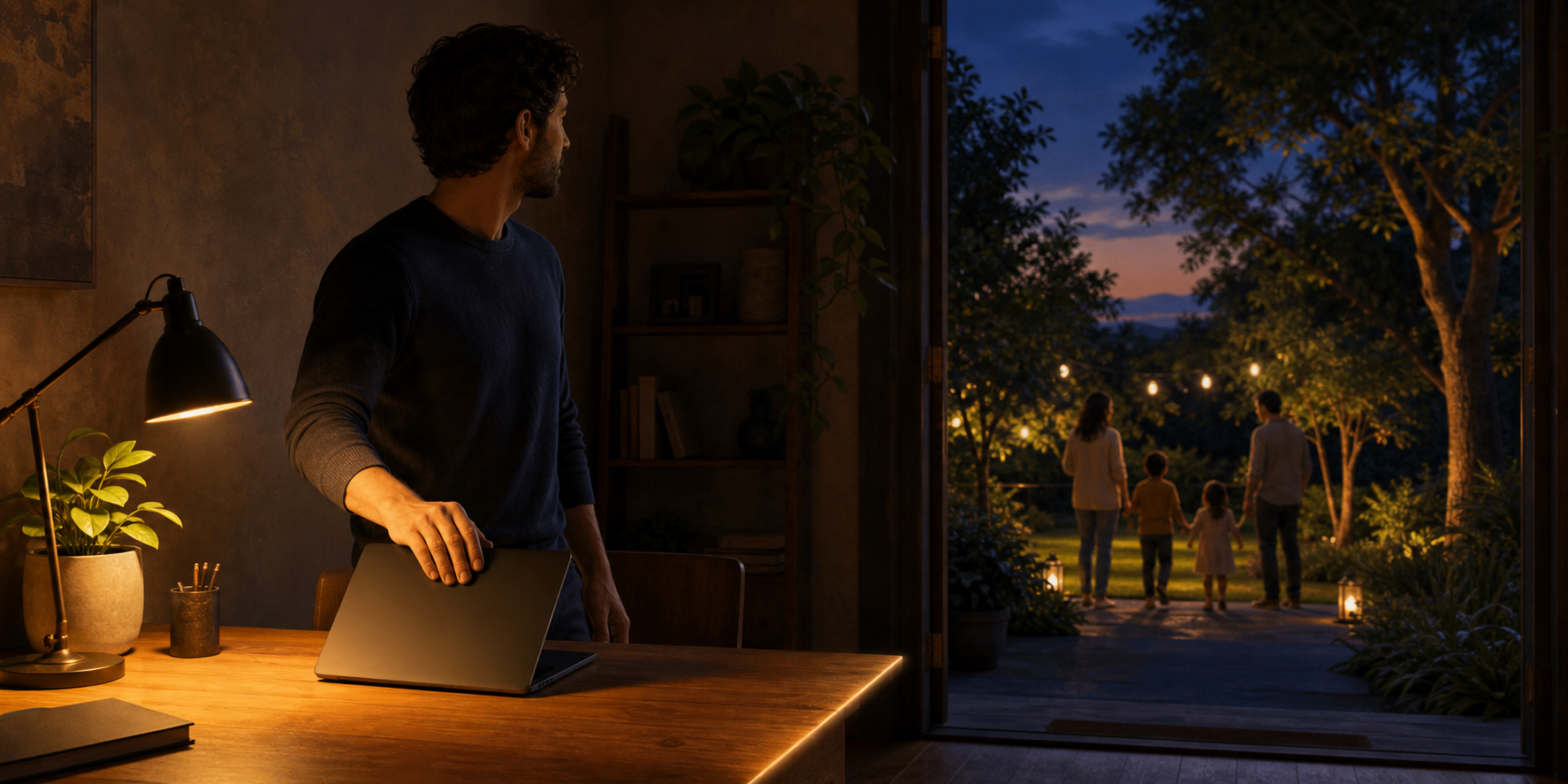 A person closes a laptop at a desk at twilight and turns toward an open doorway leading to a softly lit garden.