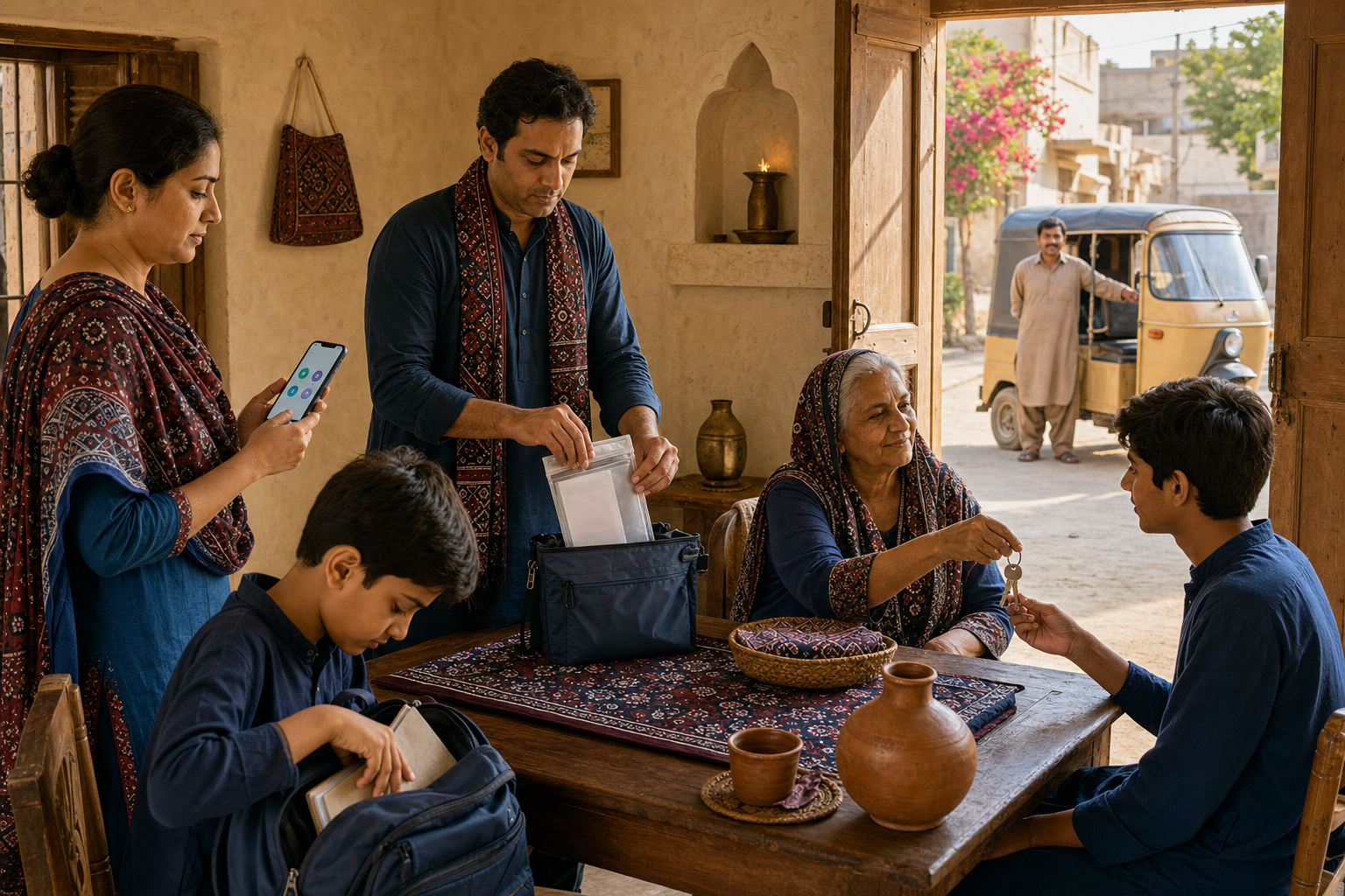 A multigenerational family prepares phones, identification copies, keys, and school belongings while a trusted neighbor waits outside with a rickshaw.