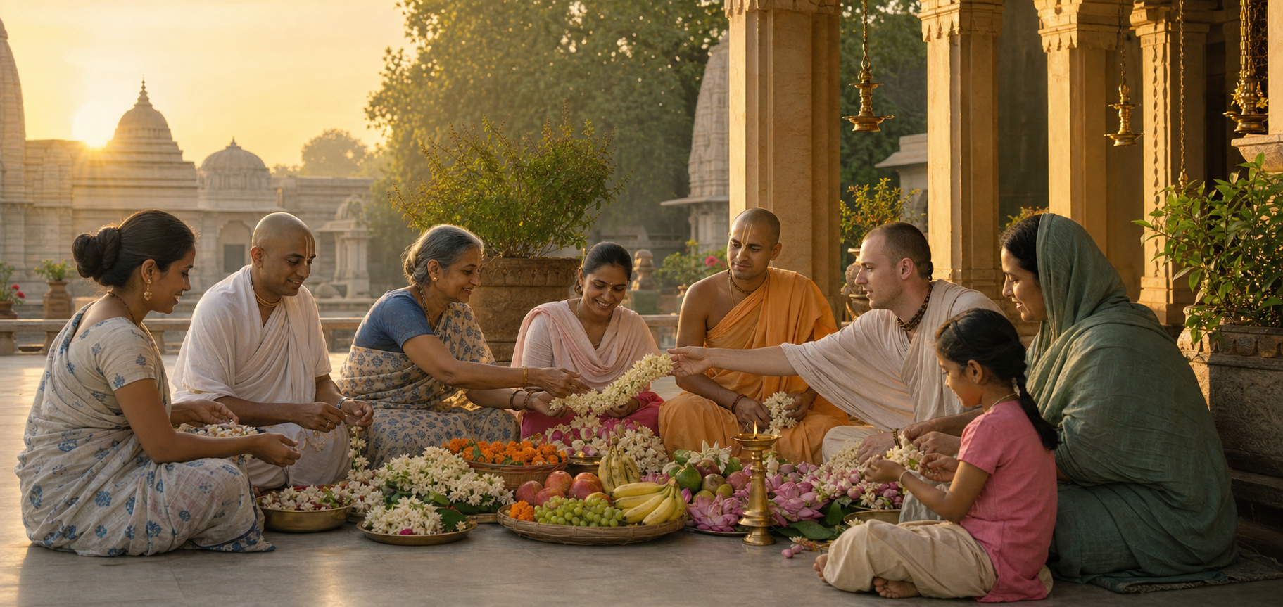 Vaishnava practitioners from different traditions make flower garlands and arrange fruit together in a sunlit temple courtyard.