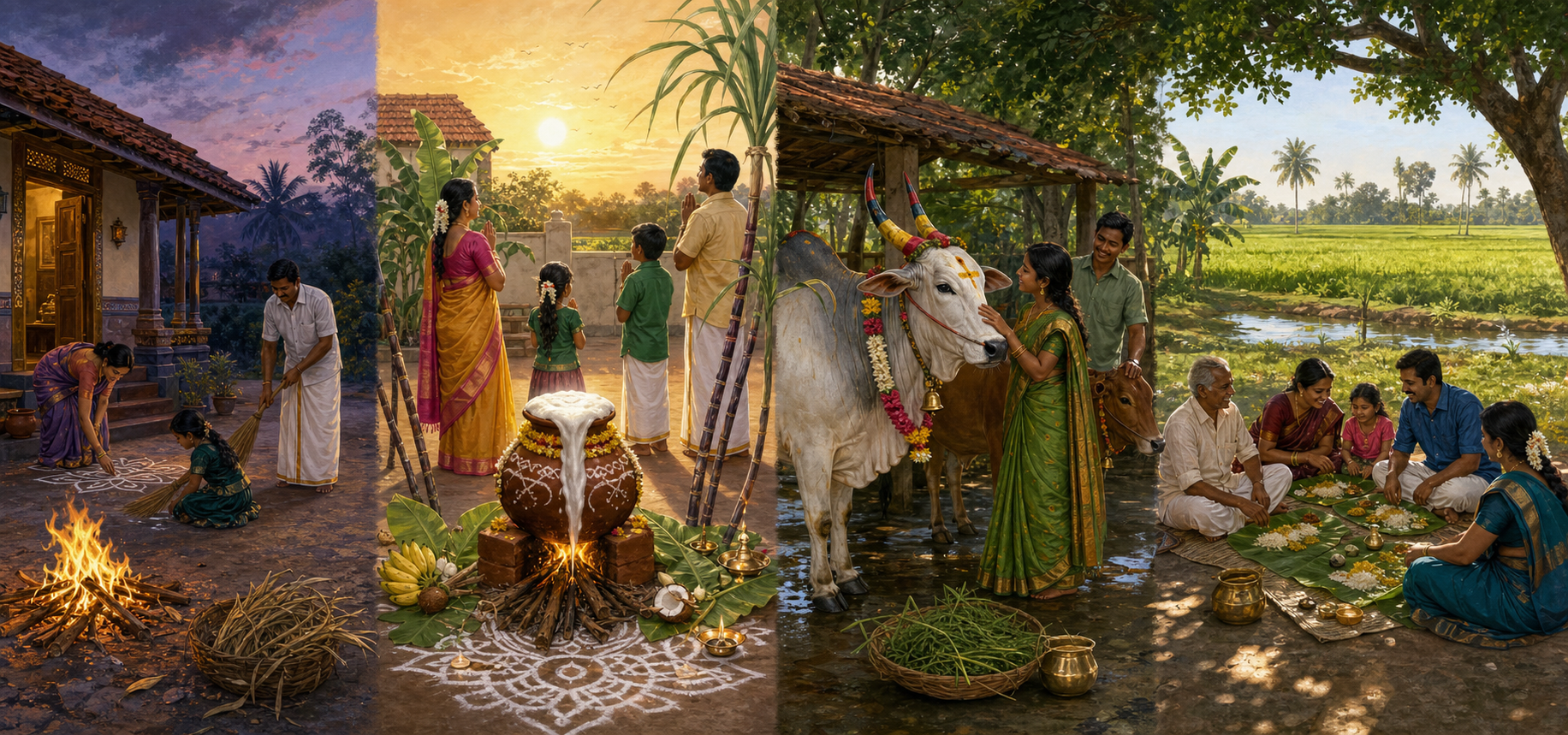 Four connected Tamil scenes show Bhogi home cleaning, rice boiling for Surya Pongal, garlanded cattle for Mattu Pongal, and relatives sharing a Kaanum Pongal meal.