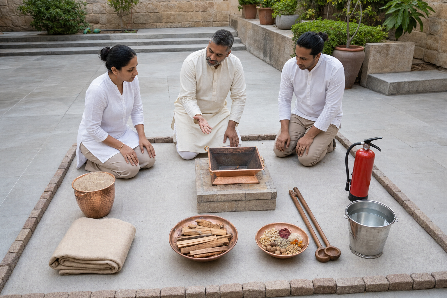 A guide and two participants check a small Havan Kund, ritual supplies, and nearby fire-safety equipment in an open courtyard.