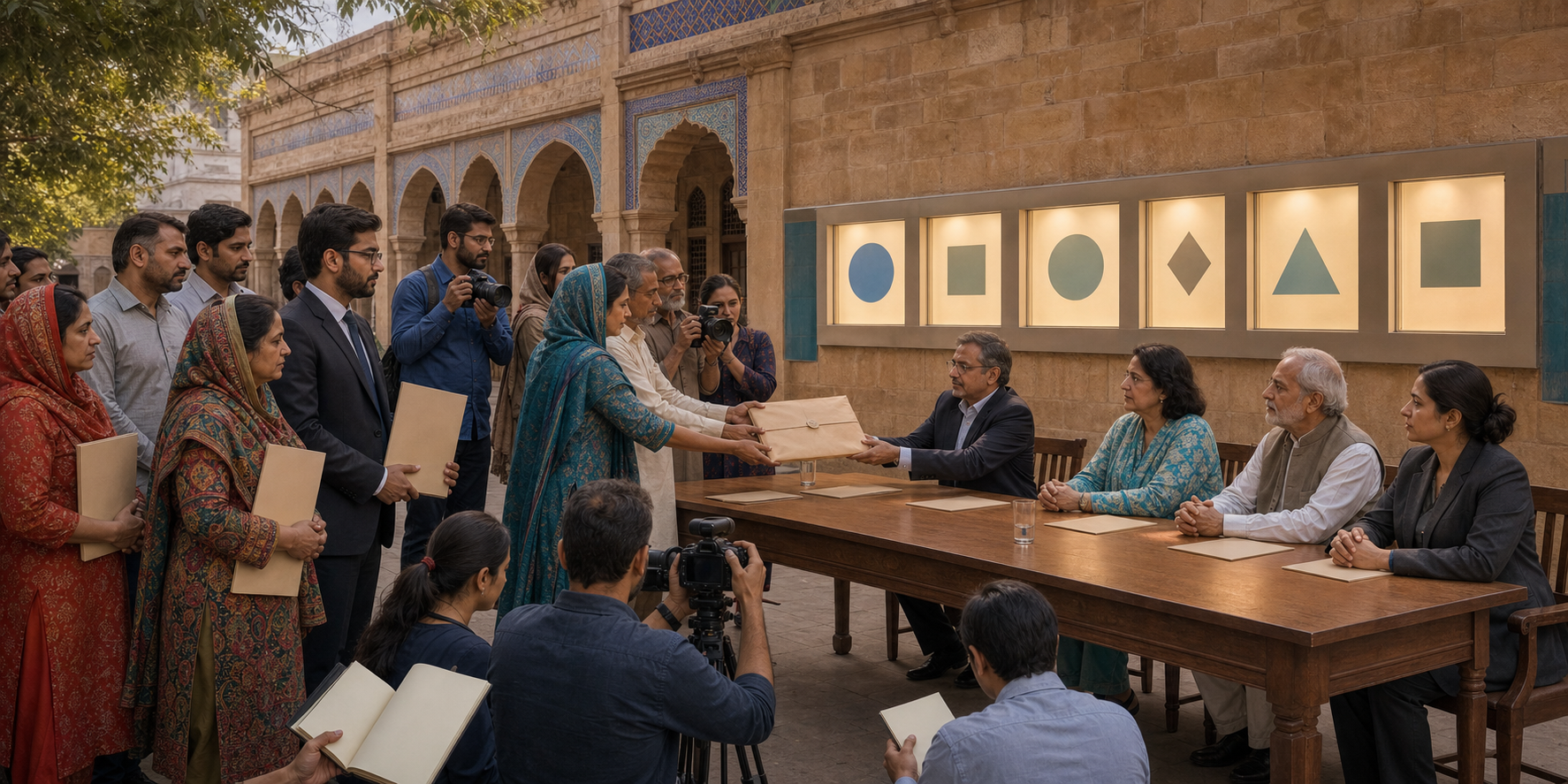 Residents, lawyers, journalists, and allies submit a sealed evidence packet to an independent review panel in a Sindhi civic courtyard.