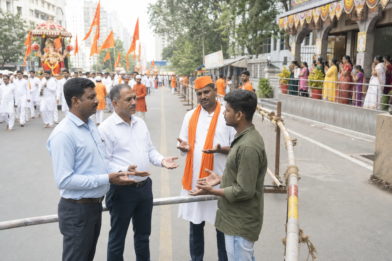 Civic officers and a marshal address one participant while the wider procession and nearby worship continue peacefully.