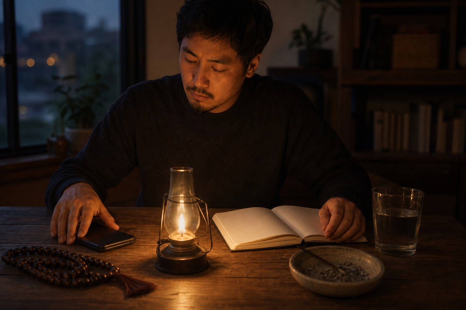 An adult pauses at a table beside a steady oil lamp, a blank journal, prayer beads, water, and a small bowl of cooled ash.