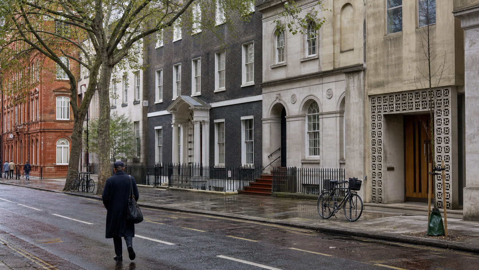 A quiet Bloomsbury street with brick and stone buildings, several distinct doorways, trees, bicycles and pedestrians on rain-darkened pavement.
