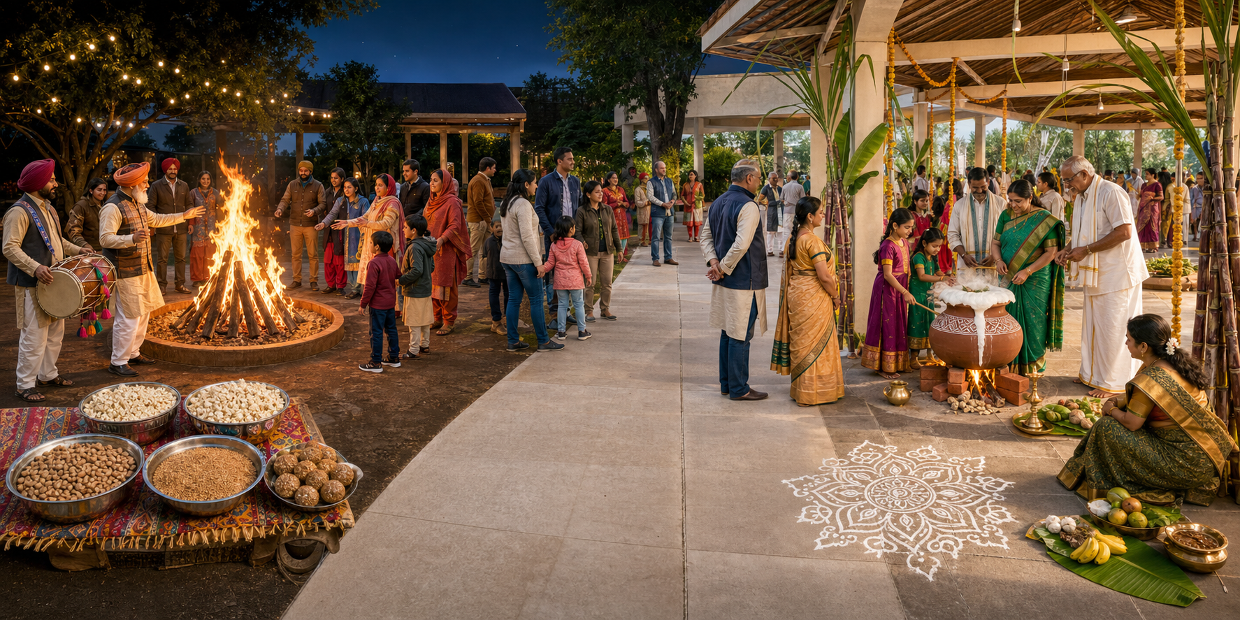 Families visit separate Lohri bonfire and Pongal cooking areas at a shared community celebration, with elders guiding children in each distinct space.