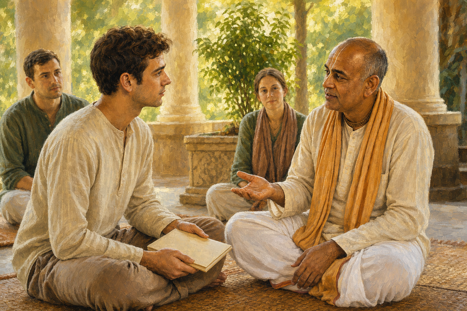 A Vaishnava teacher listens attentively while speaking with a younger visitor seated beside a tulasi planter on a temple verandah.