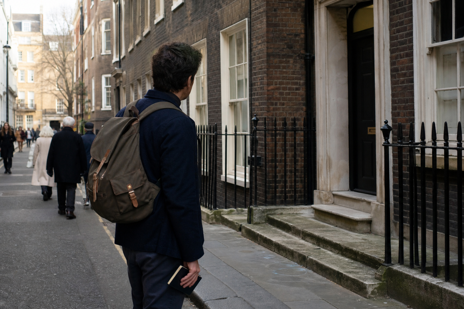 A visitor pauses beside a Bloomsbury street to observe a recessed doorway, stone steps, brickwork and passing pedestrians.