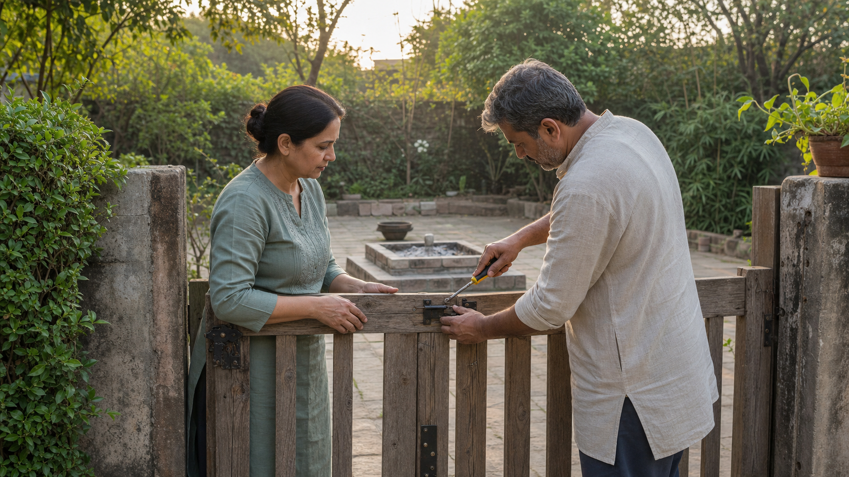 Two adults repair a damaged wooden garden gate together while a cooled Havan Kund sits in the distant courtyard.