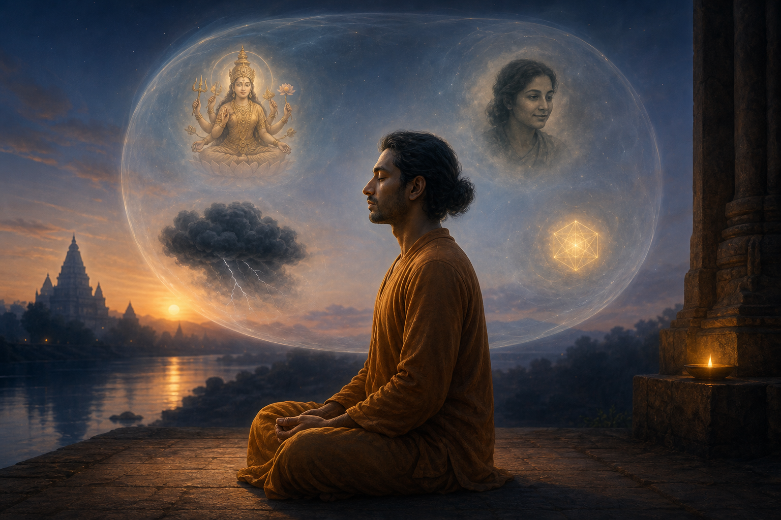 A person meditates at dawn while translucent images of a sacred figure, a face, a storm cloud, and a glowing geometric form float within a luminous space around the head.