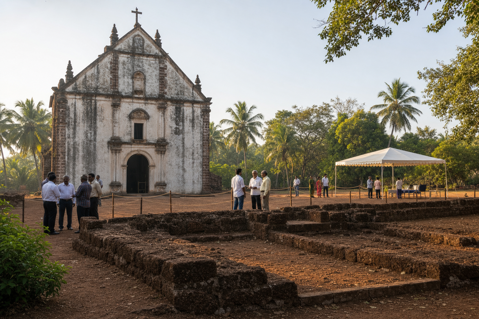 Historic church remains in a tropical Sancoale heritage precinct, with a temporary canopy beyond a rope buffer and small groups of residents and officials nearby.
