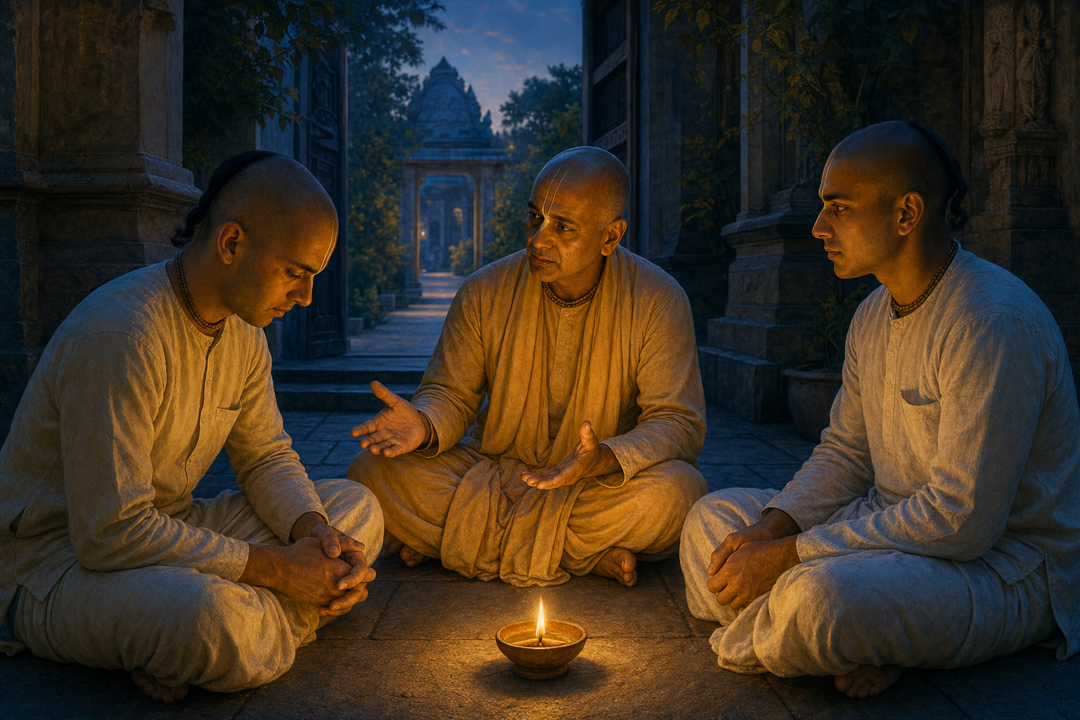 Three Vaishnava practitioners hold a serious restorative conversation around a small oil lamp in a temple courtyard at dusk.