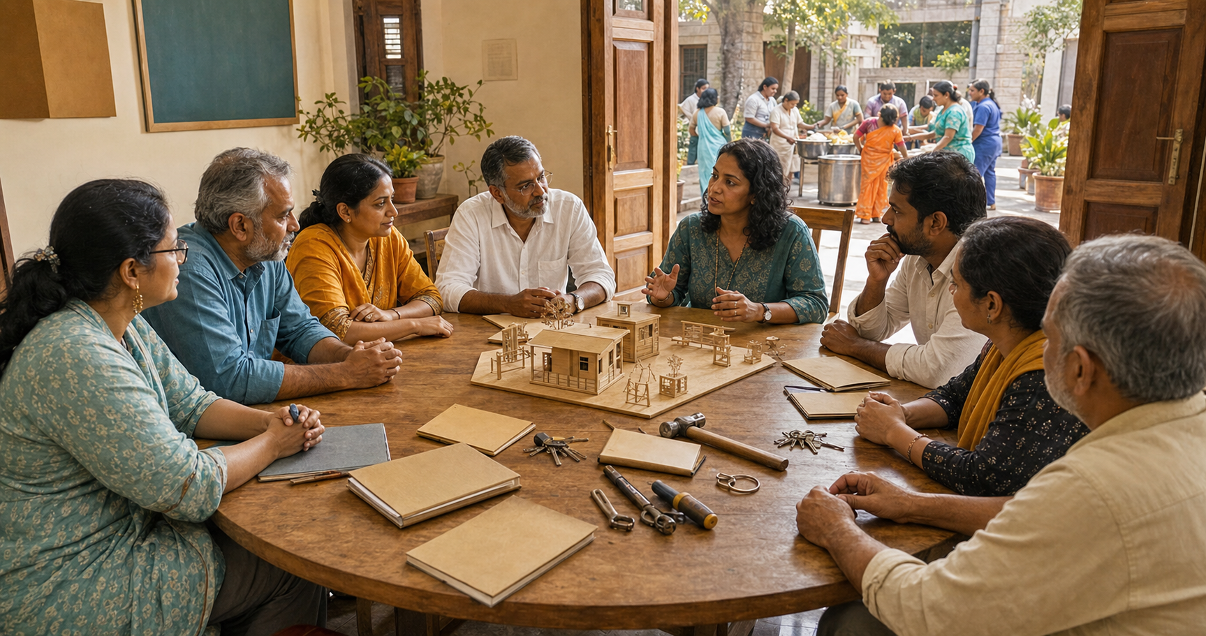 Community leaders meet around a circular table while a local representative presents a project connected to volunteers working in a nearby courtyard.