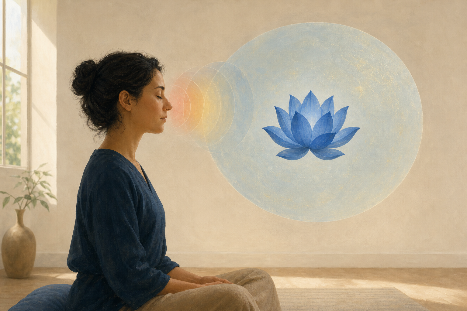 A seated contemplative observes a floating blue lotus image surrounded by separate translucent layers of awareness, memory, and emotion.
