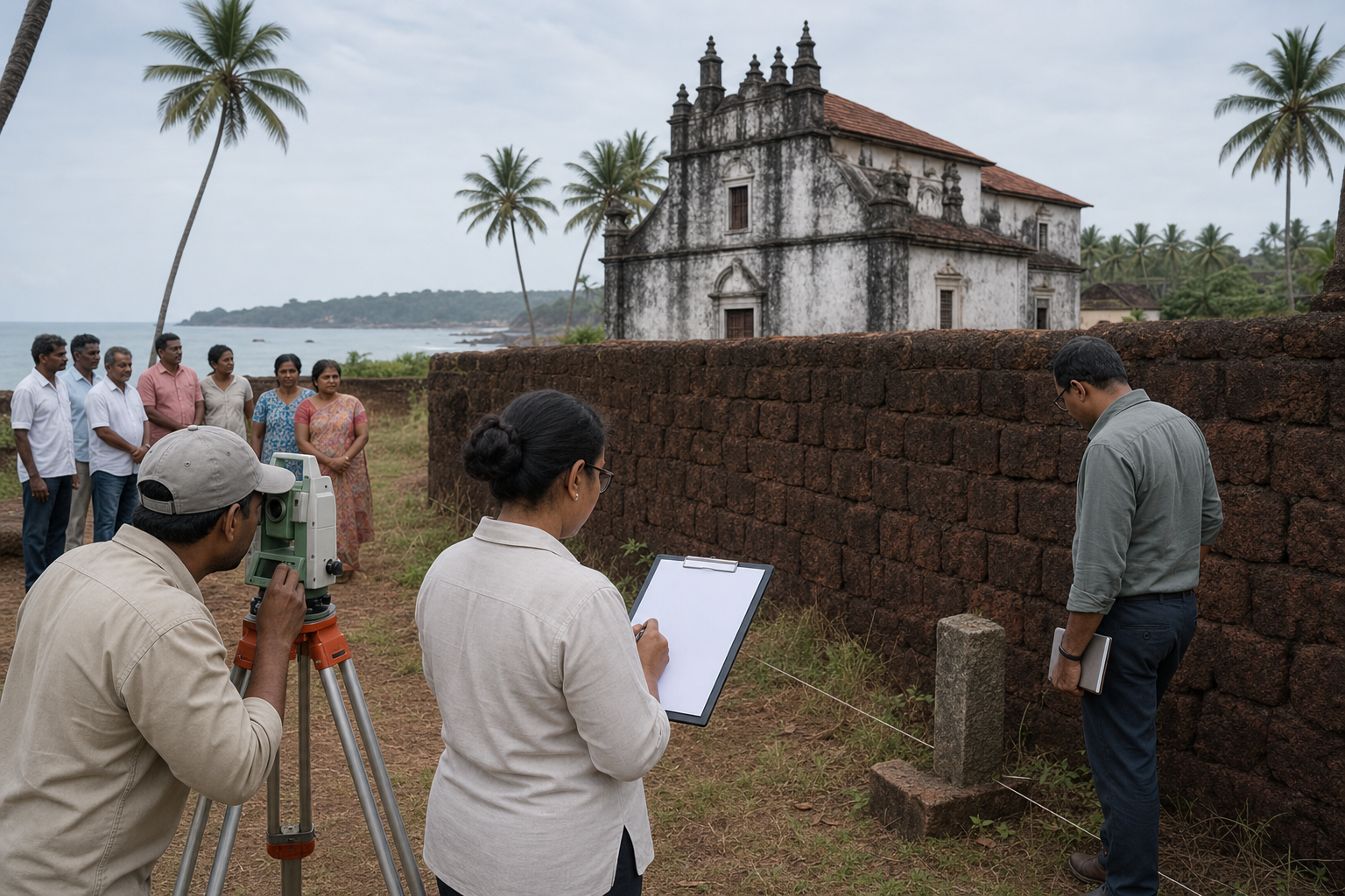 A surveyor and conservation officials measure a heritage-site boundary beside an old laterite wall while community representatives observe.