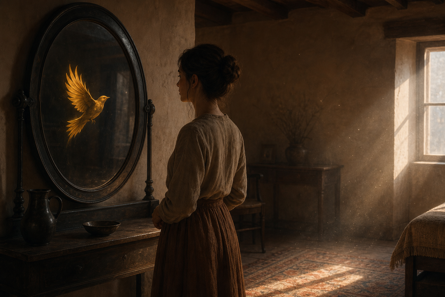 A thoughtful observer looks at a vivid golden bird visible in a metal mirror while the physical space before the mirror is empty.