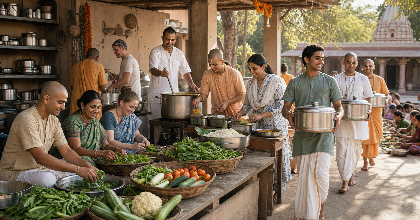 Vaishnava volunteers in varied traditional clothing prepare and carry a communal meal together in an open temple kitchen.