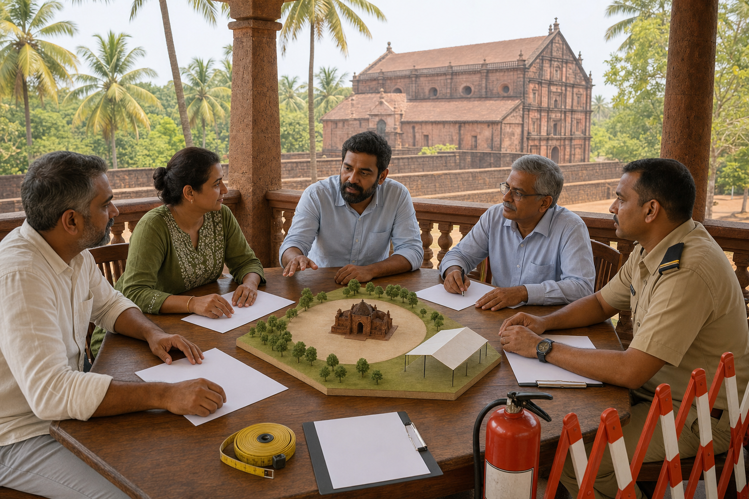 Community organisers and officials review blank permission papers and an unlabelled model showing a canopy separated from a heritage structure.