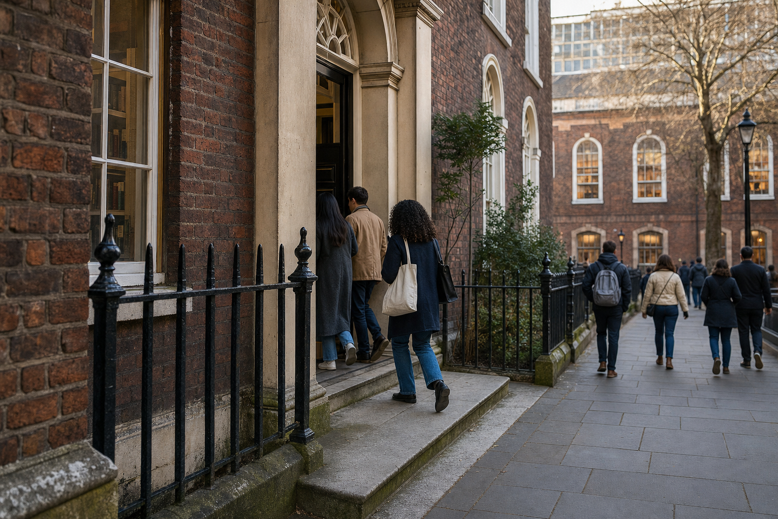 A layered Bloomsbury street scene shows weathered building materials, a recessed threshold, people entering and scholarly buildings in the background.