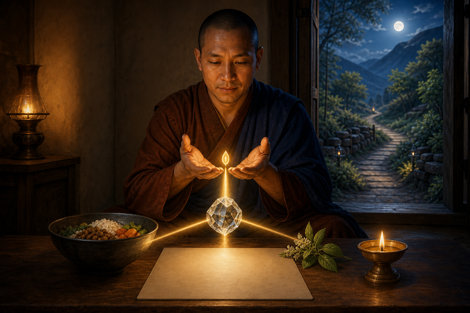 A practitioner examines a glowing seed-like image through a clear crystal as its light falls on food, an herb, an oil lamp, and an open path.