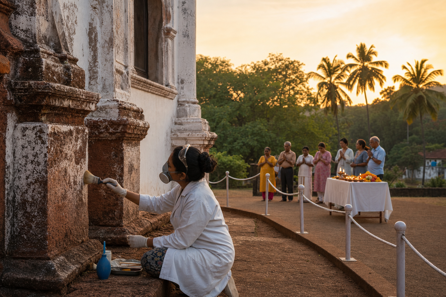 A conservator examines weathered masonry while worshippers gather quietly beyond a clear buffer at a historic Goan religious precinct.