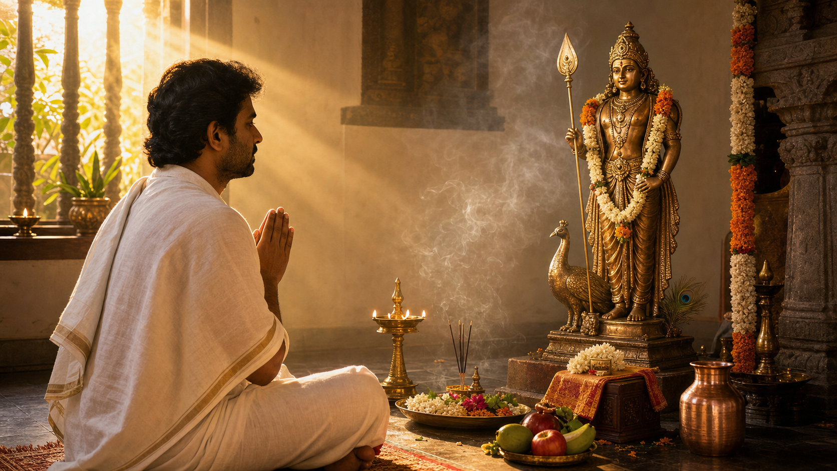 A devotee prays before a bronze Muruga shrine at dawn with an oil lamp, flowers, fruit, water, and a small charity offering.