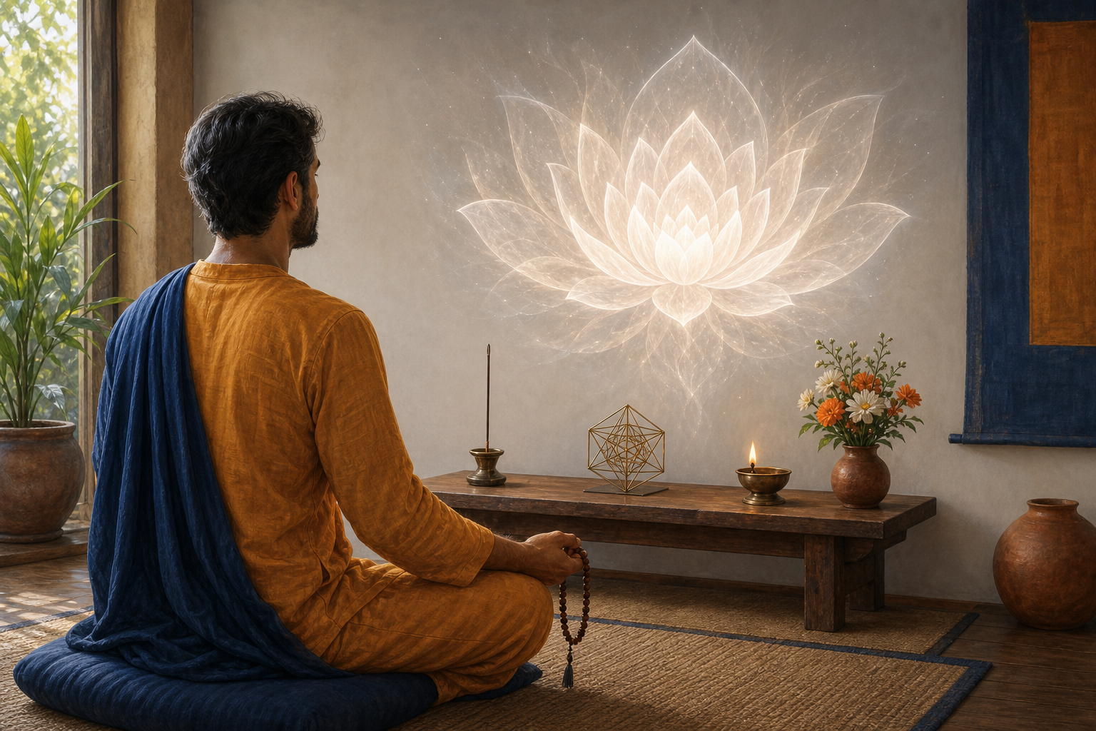 A practitioner with meditation beads visualizes a luminous lotus above a simple altar with a lamp, flowers, and a geometric sculpture.