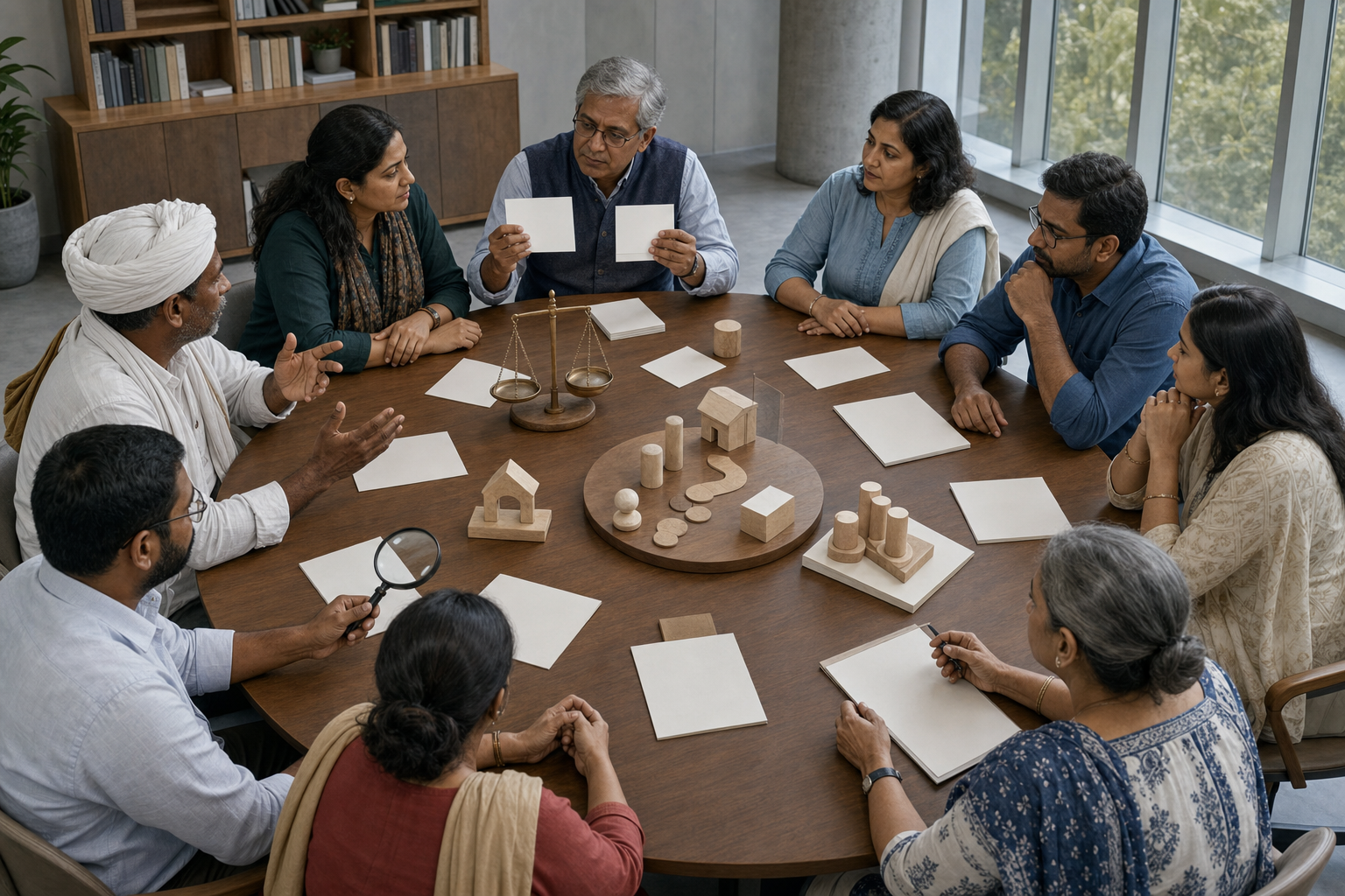 Researchers and community representatives examine blank documents, wooden counters, geometric models, a magnifying lens, and an unmarked balance scale around a round table.
