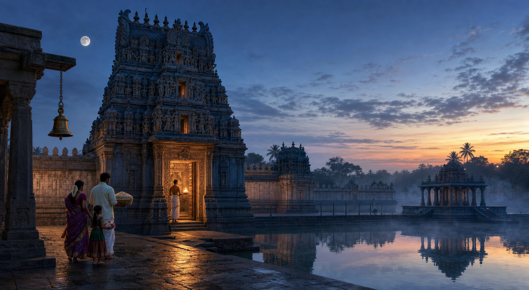 A family approaches a South Indian temple before sunrise while the moon remains visible and a priest lights the first lamp.