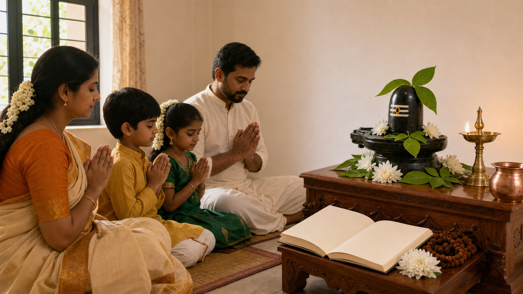 A family prays before a home altar with a Shiva linga, bilva leaves, flowers, a brass lamp, a copper vessel, and rudraksha beads.