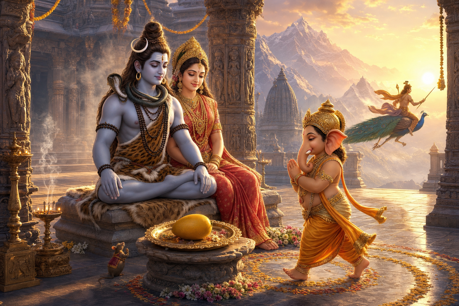 Ganapathi walks clockwise around the seated Shiva and Parvati while a golden mango rests nearby and Kartikeya departs in the distance on his peacock.