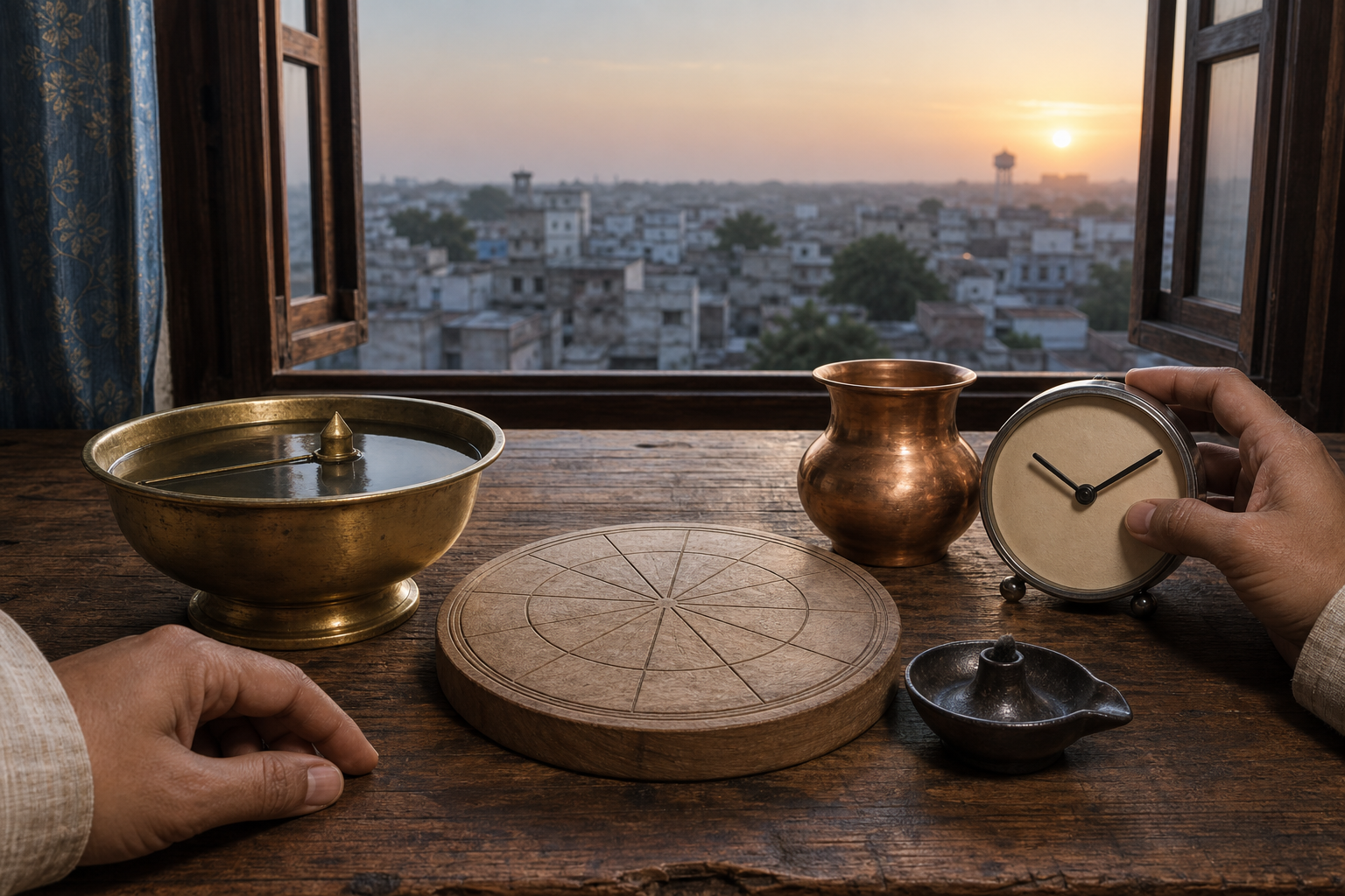 Dawn light falls on an unmarked clock, a brass timing bowl, a copper vessel, and an oil lamp arranged for ritual preparation.