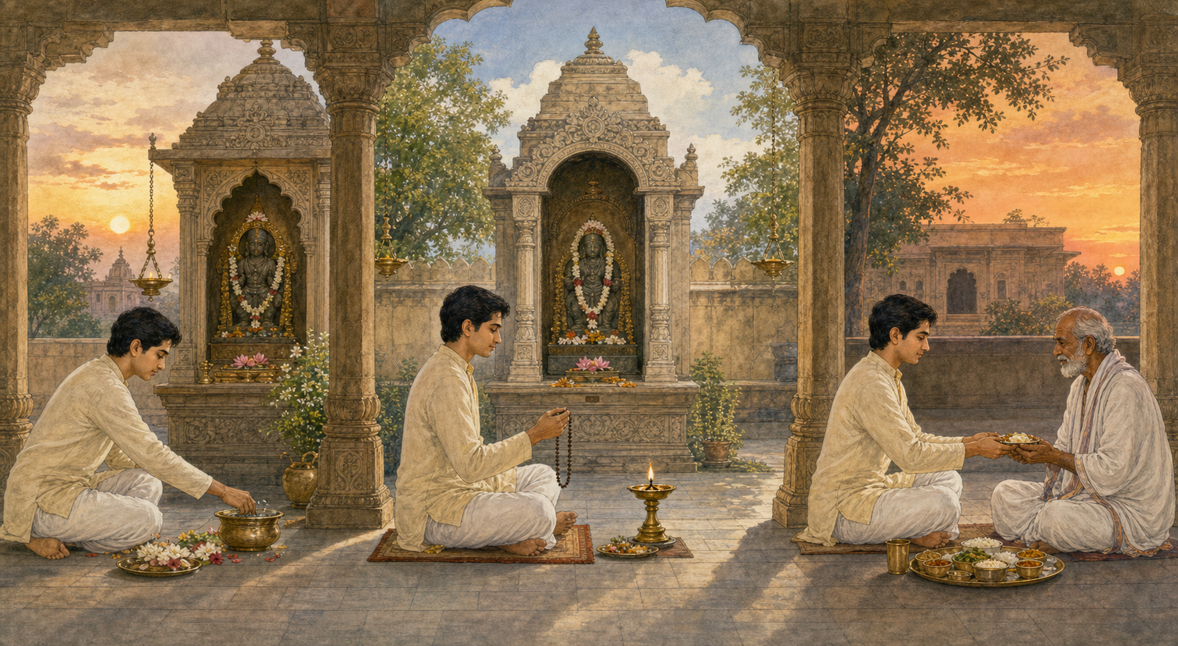 Three moments show one devotee beginning a vow with water and flowers, worshipping during the day, and completing it by serving a meal.
