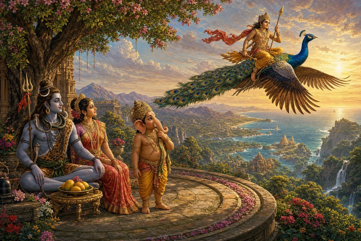 Ganapathi reflects beside Shiva and Parvati as Kartikeya flies away on a peacock above distant mountains, forests and water.