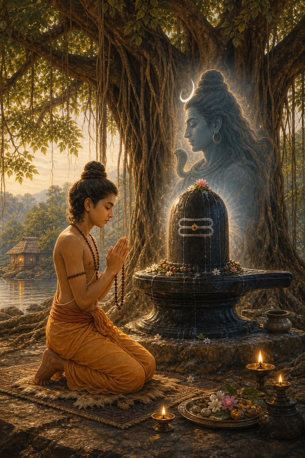 A youthful sage prays beside a Shiva linga under a banyan tree while a luminous form of Shiva appears behind the shrine.