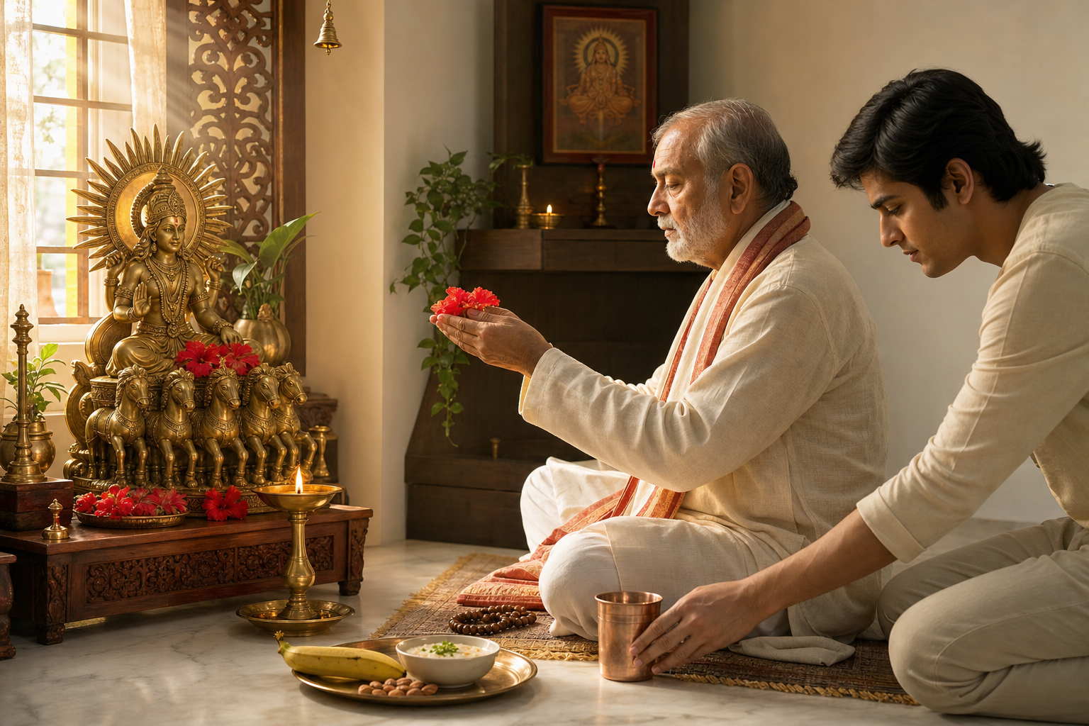 An older devotee offers flowers and water at a Surya shrine while a family member provides fruit, simple food, and drinking water.