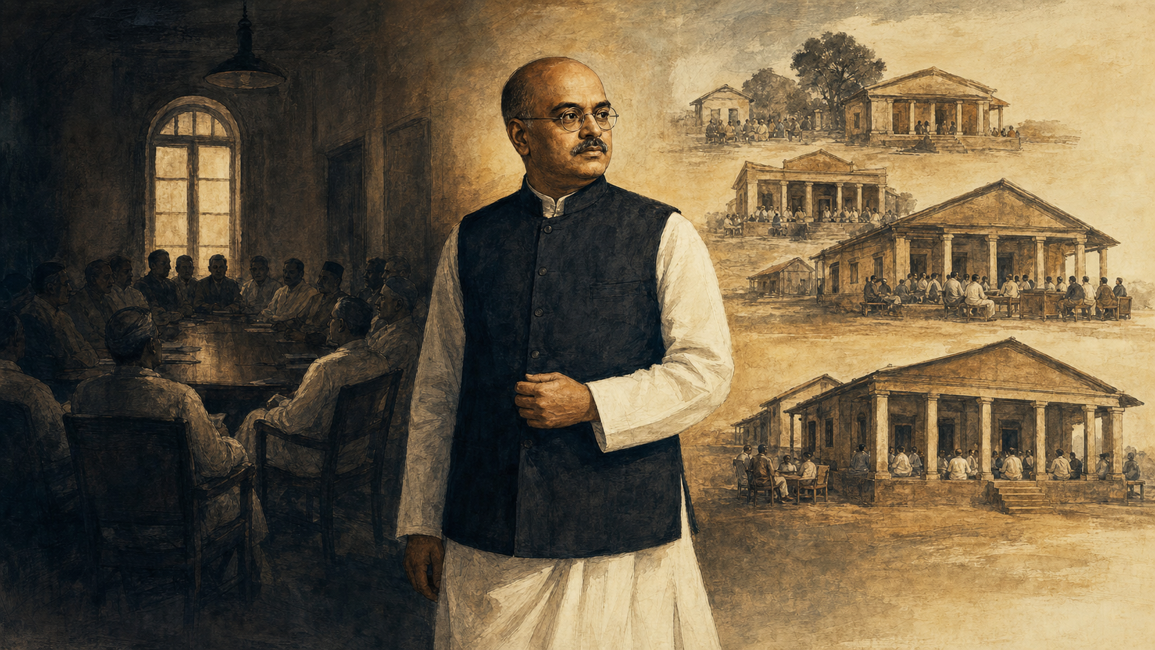 Editorial illustration of Syama Prasad Mookerjee standing between a shadowed political chamber and a series of local assembly halls.