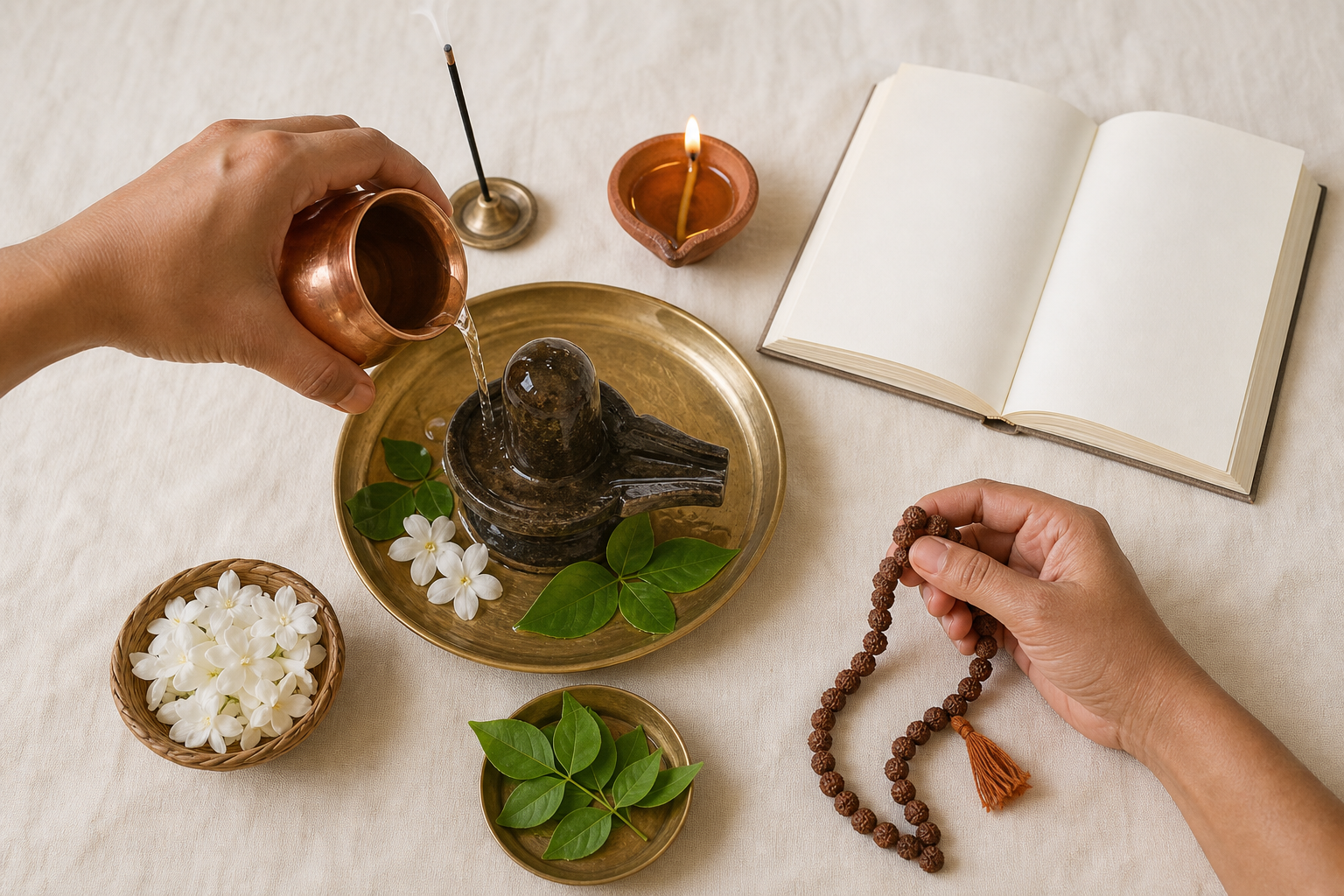 Hands offer water to a small Shiva linga beside bilva leaves, flowers, a clay lamp, a copper cup, prayer beads, and an open book.